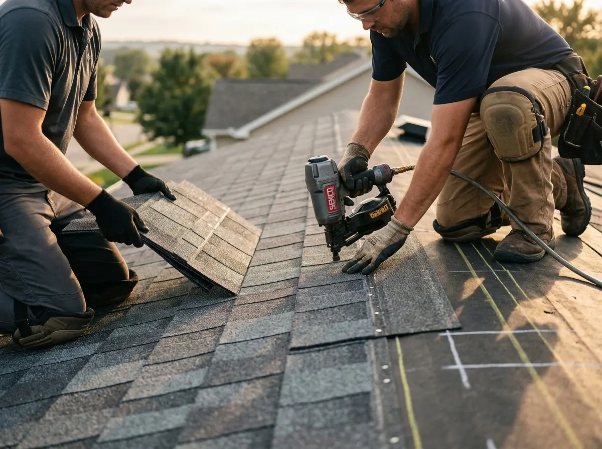 Professional roofer working on a residential roof in Willistown